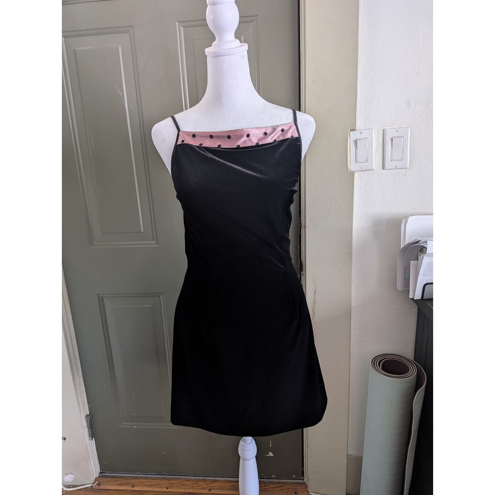 90s Vintage Papell Boutique Evening Black Velvet Mini Dress Pink Polka Dot 6P